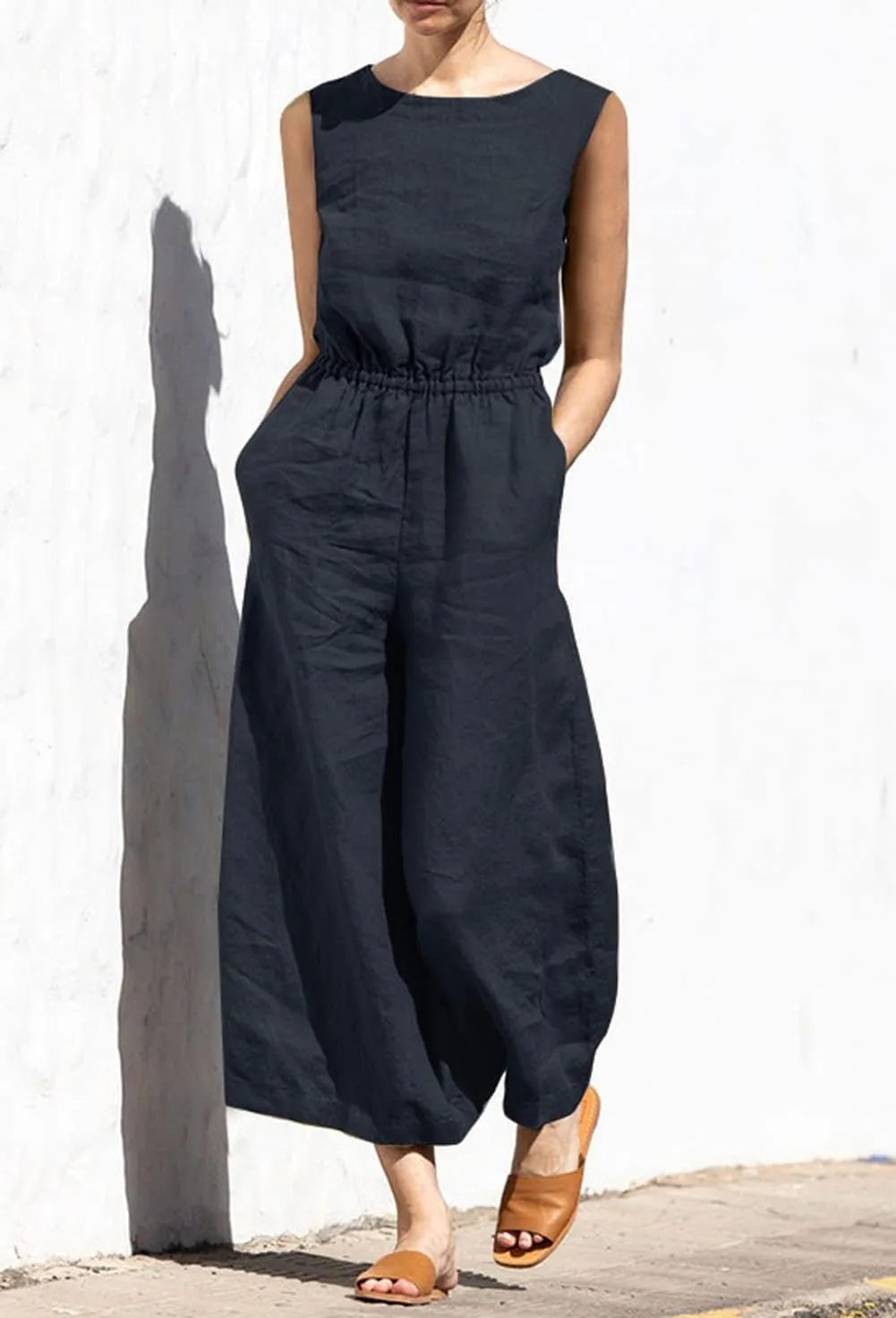 chouyatou Women's Elegant Sleeveless Linen Jumpsuits Casual Wide Leg Jumpsuit Pants Romper
