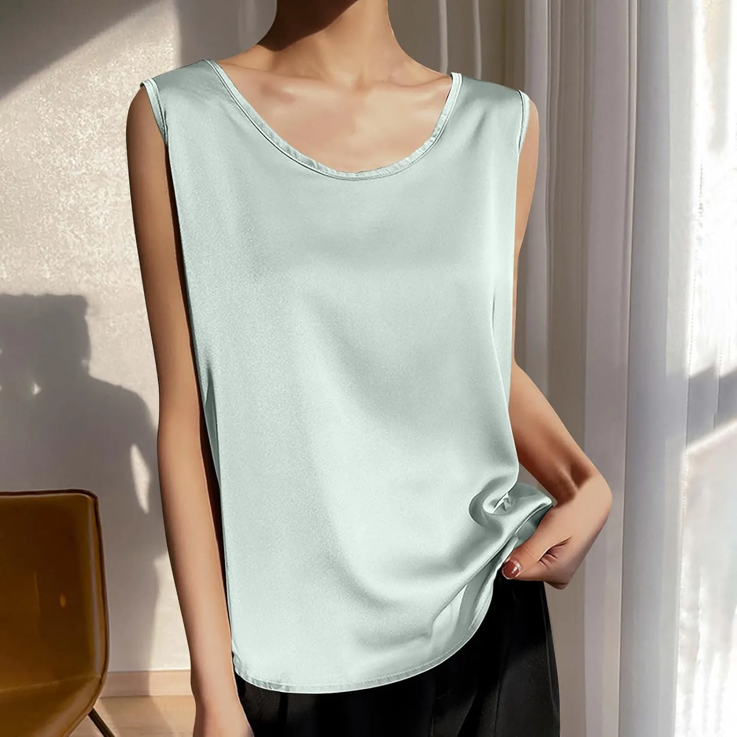 Comfy Satin Silk Tank Tops for Women Summer Boat Neck Neck Sleeveless Undershirt Casual Elegant Basic Tanks Blouses