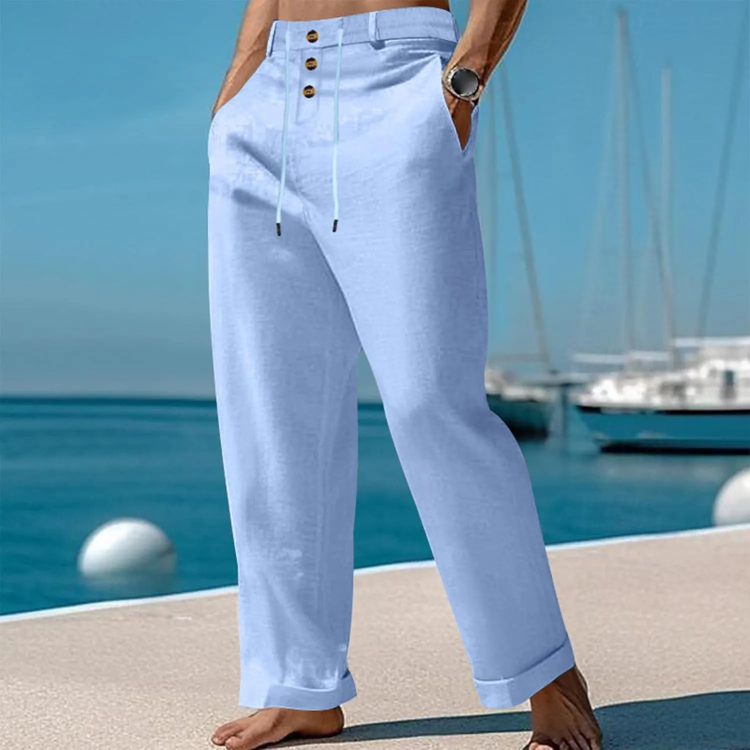 Cotton Linen Pants for Men Elastic Drawstring Waist Casual Loose Relaxed Fit Lightweight Summer Trousers with Pockets