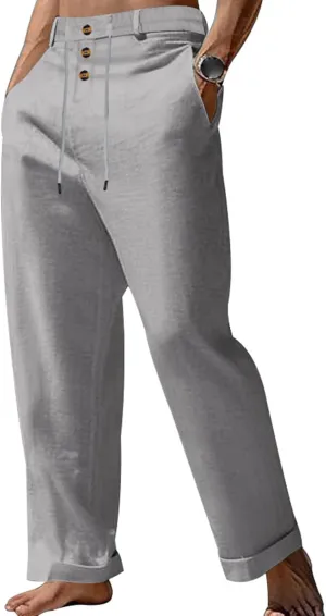 Cotton Linen Pants for Men Elastic Drawstring Waist Casual Loose Relaxed Fit Lightweight Summer Trousers with Pockets