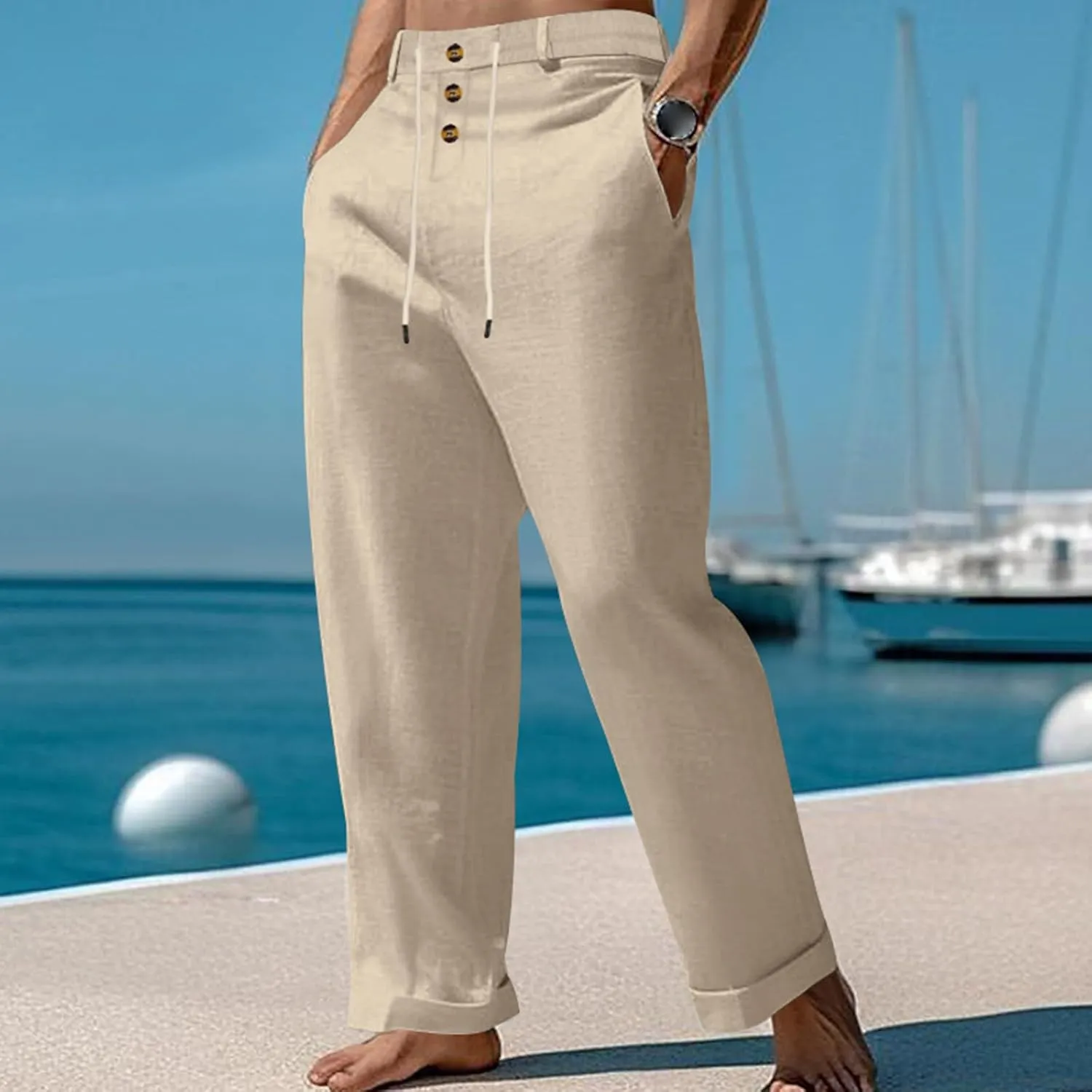 Cotton Linen Pants for Men Elastic Drawstring Waist Casual Loose Relaxed Fit Lightweight Summer Trousers with Pockets