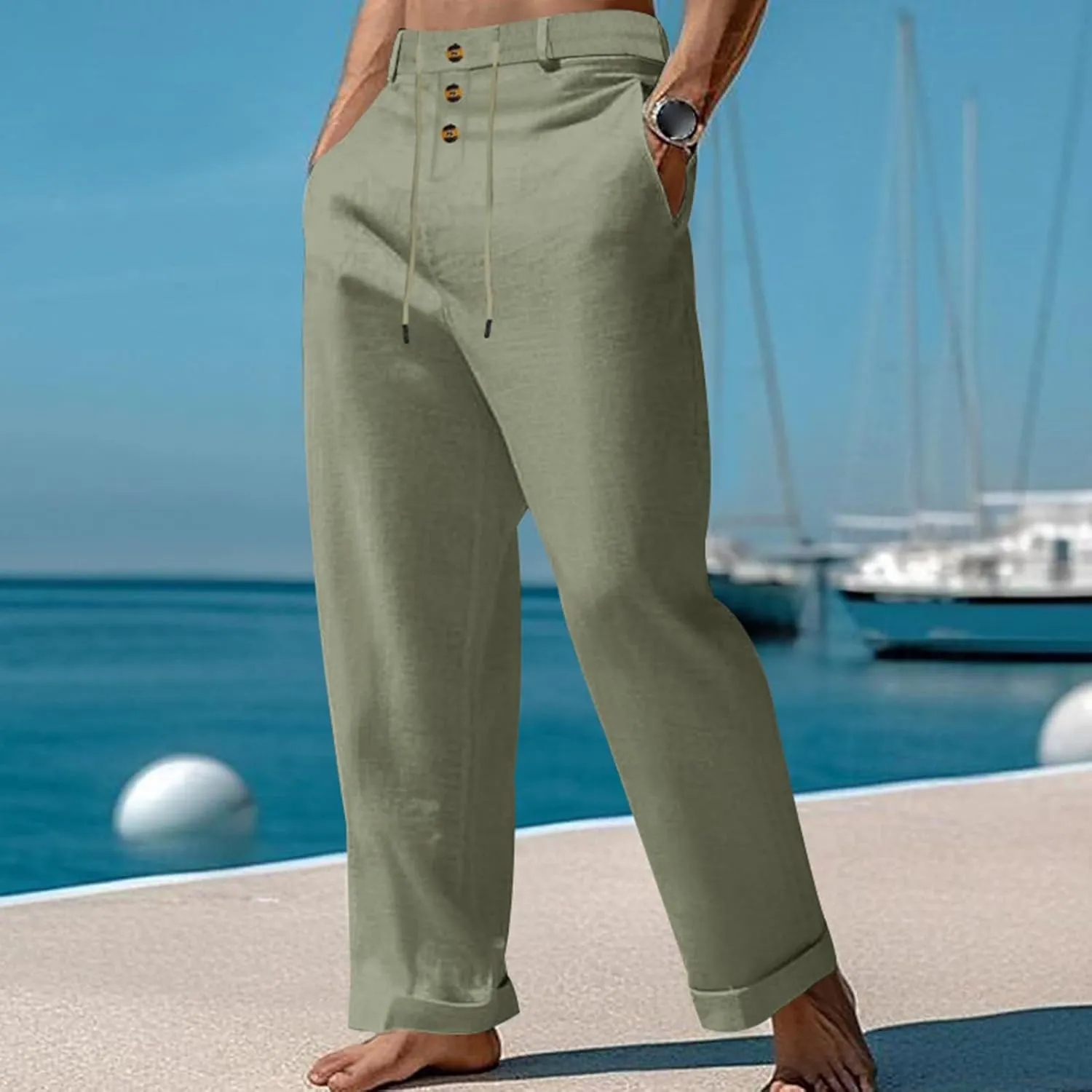 Cotton Linen Pants for Men Elastic Drawstring Waist Casual Loose Relaxed Fit Lightweight Summer Trousers with Pockets