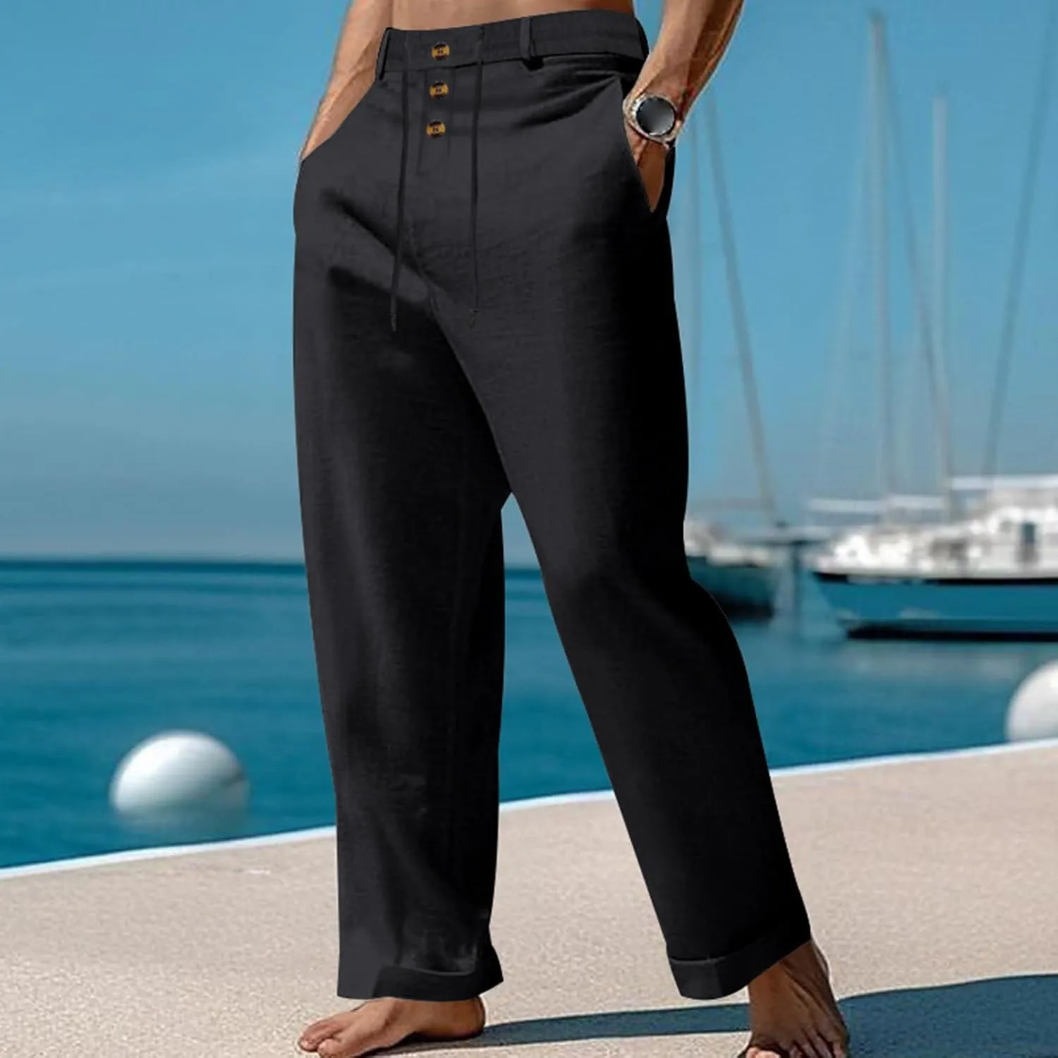 Cotton Linen Pants for Men Elastic Drawstring Waist Casual Loose Relaxed Fit Lightweight Summer Trousers with Pockets