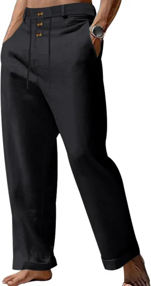 Cotton Linen Pants for Men Elastic Drawstring Waist Casual Loose Relaxed Fit Lightweight Summer Trousers with Pockets