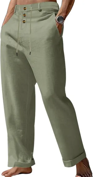 Cotton Linen Pants for Men Elastic Drawstring Waist Casual Loose Relaxed Fit Lightweight Summer Trousers with Pockets