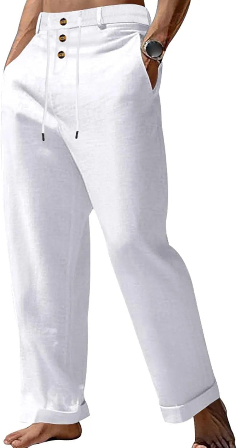 Cotton Linen Pants for Men Elastic Drawstring Waist Casual Loose Relaxed Fit Lightweight Summer Trousers with Pockets