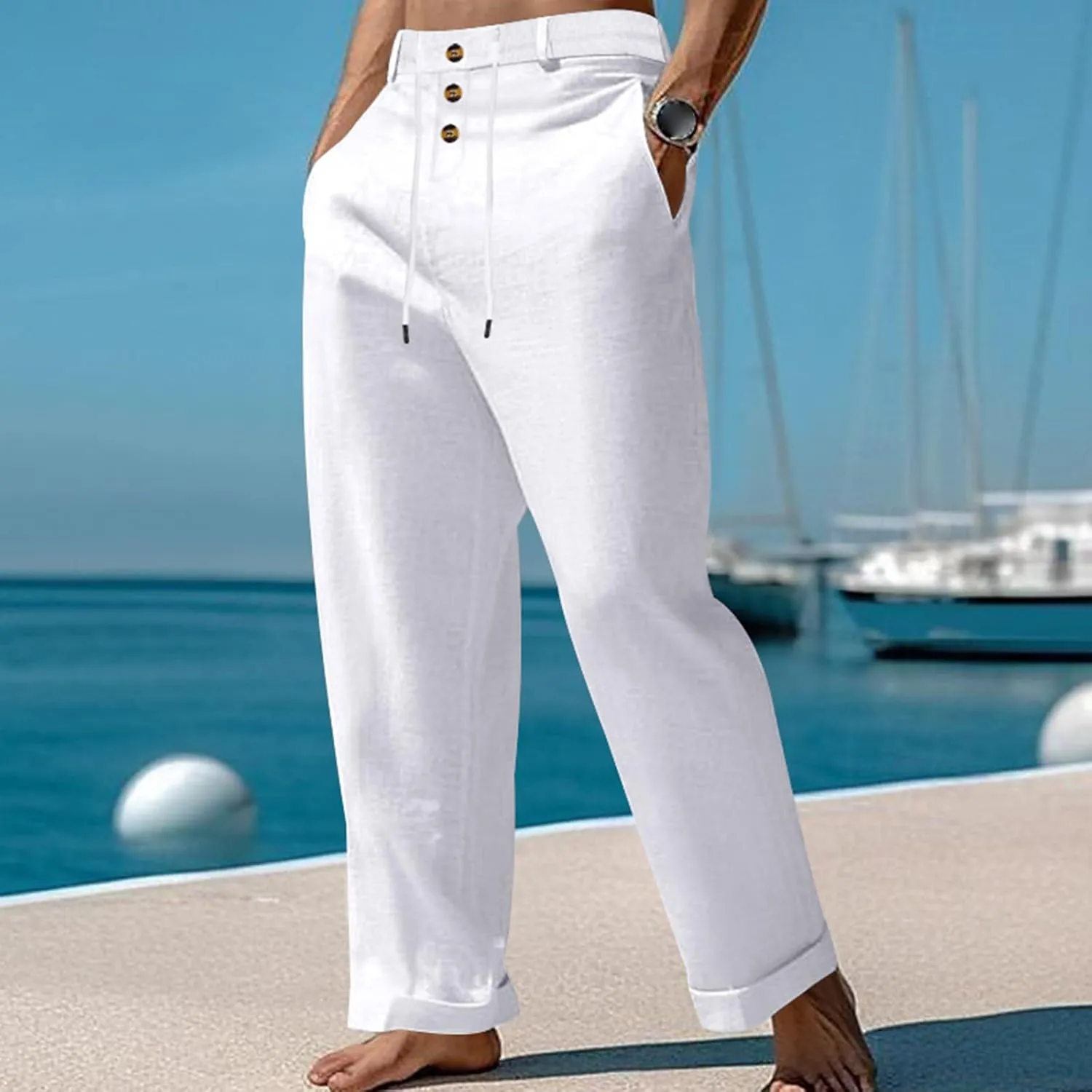 Cotton Linen Pants for Men Elastic Drawstring Waist Casual Loose Relaxed Fit Lightweight Summer Trousers with Pockets