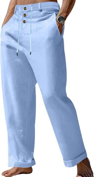 Cotton Linen Pants for Men Elastic Drawstring Waist Casual Loose Relaxed Fit Lightweight Summer Trousers with Pockets
