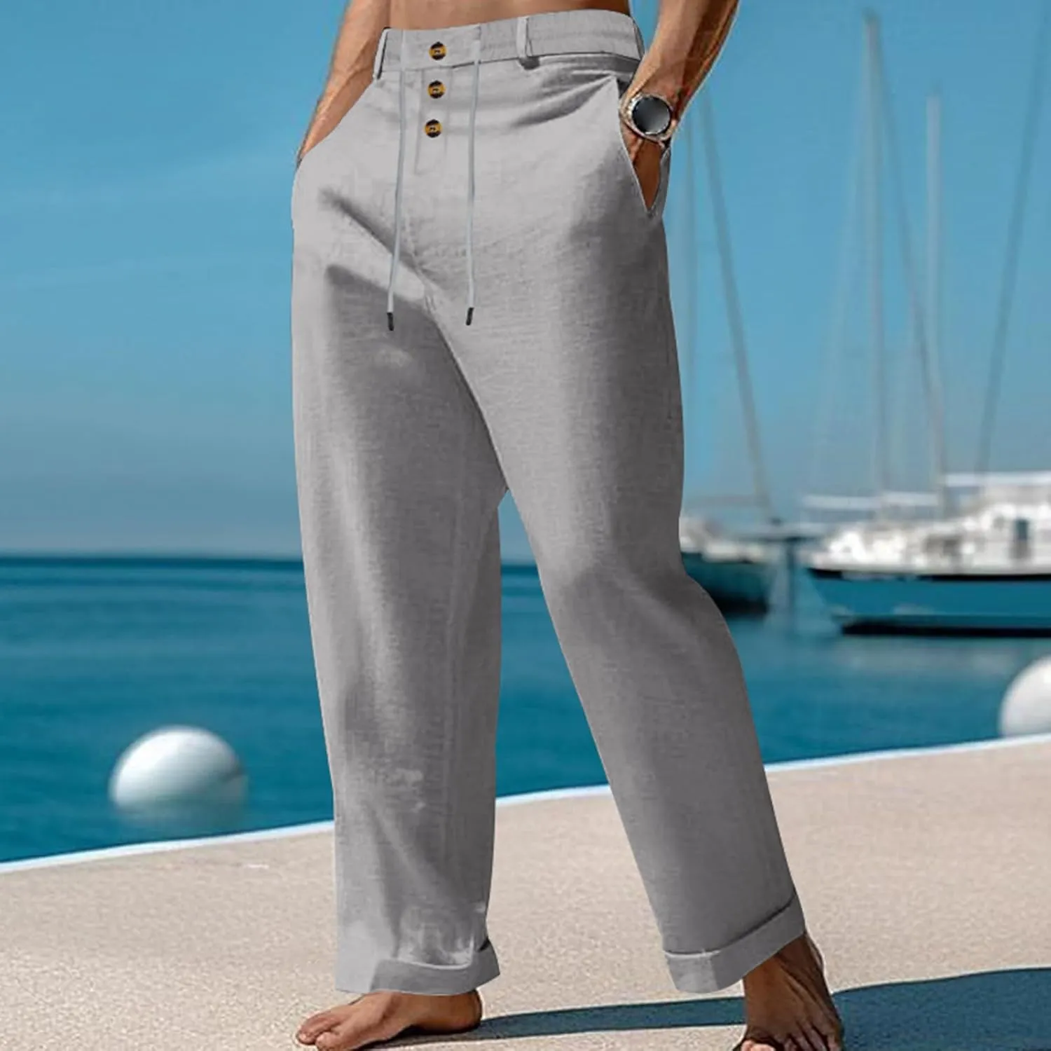 Cotton Linen Pants for Men Elastic Drawstring Waist Casual Loose Relaxed Fit Lightweight Summer Trousers with Pockets