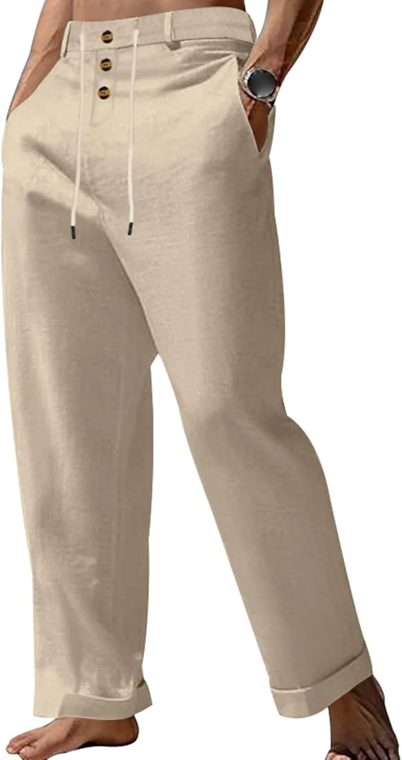 Cotton Linen Pants for Men Elastic Drawstring Waist Casual Loose Relaxed Fit Lightweight Summer Trousers with Pockets