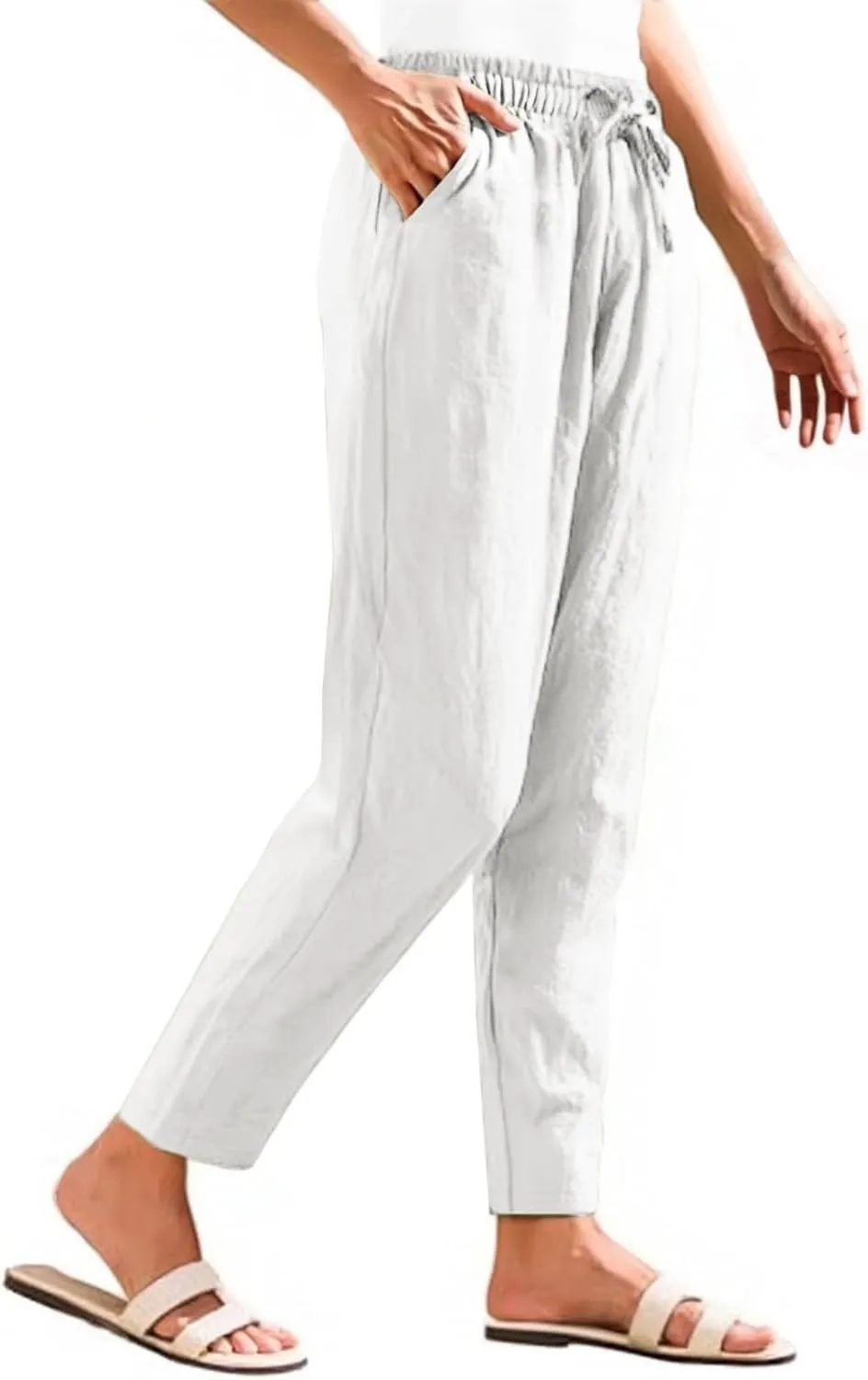 Cotton Linen Pants Women Lightweight Summer Joggers Drawstring Straight Leg Trousers Casual Beach Pants with Pockets