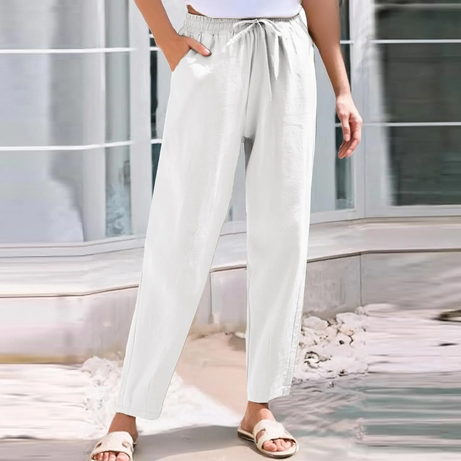Cotton Linen Pants Women Lightweight Summer Joggers Drawstring Straight Leg Trousers Casual Beach Pants with Pockets