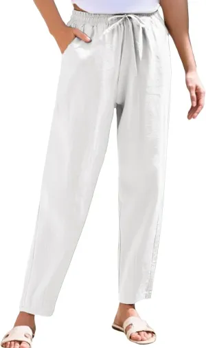 Cotton Linen Pants Women Lightweight Summer Joggers Drawstring Straight Leg Trousers Casual Beach Pants with Pockets