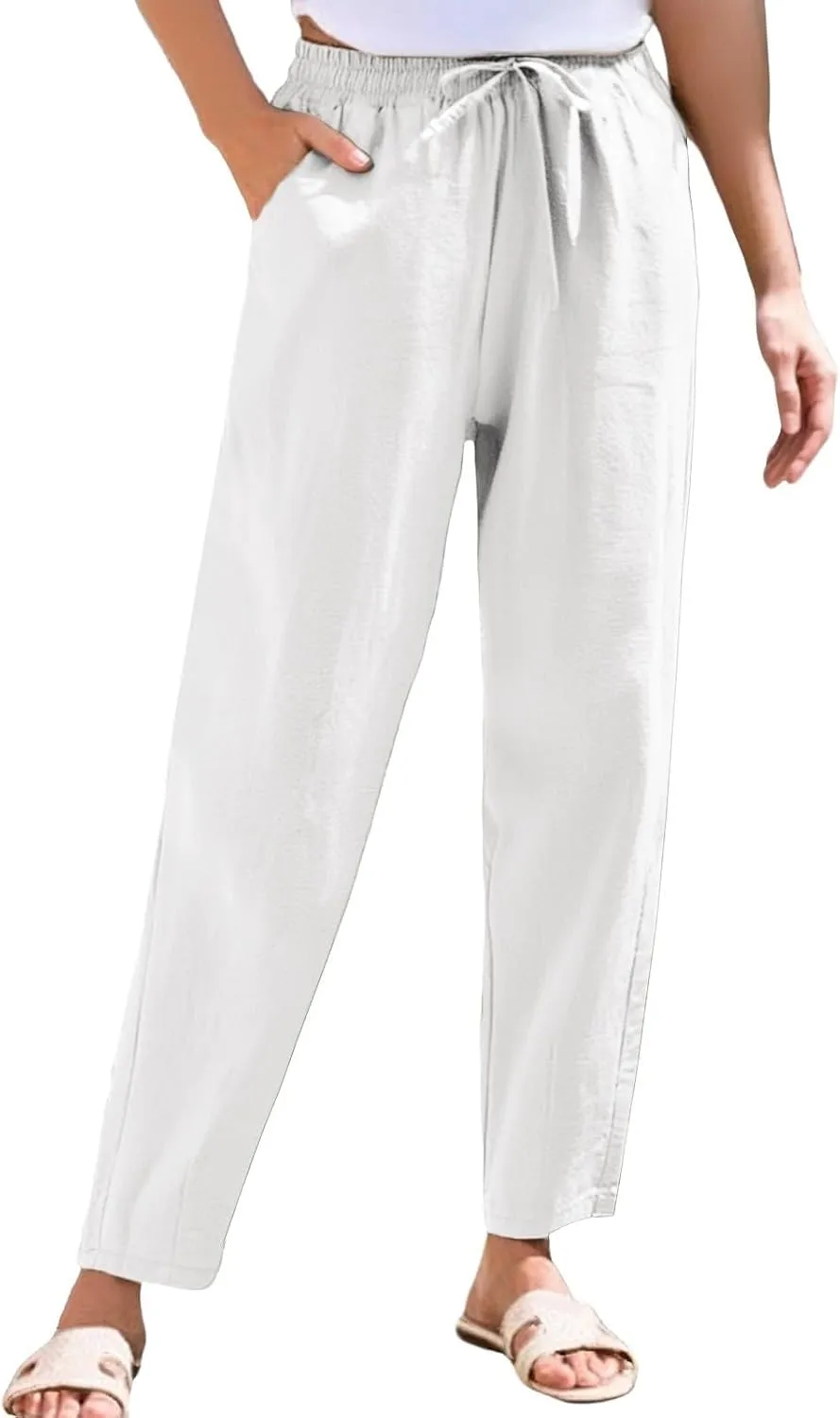 Cotton Linen Pants Women Lightweight Summer Joggers Drawstring Straight Leg Trousers Casual Beach Pants with Pockets