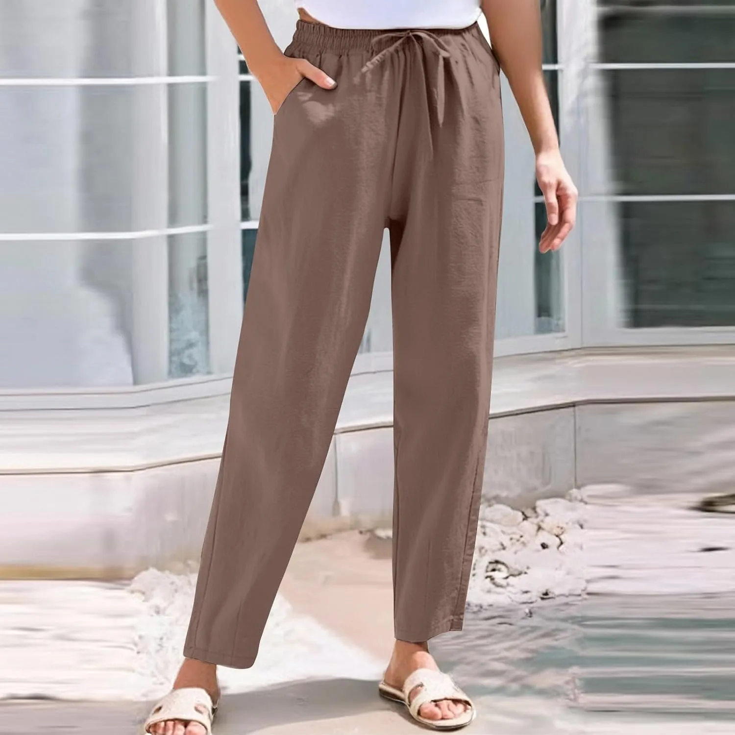 Cotton Linen Pants Women Lightweight Summer Joggers Drawstring Straight Leg Trousers Casual Beach Pants with Pockets