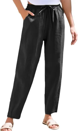 Cotton Linen Pants Women Lightweight Summer Joggers Drawstring Straight Leg Trousers Casual Beach Pants with Pockets
