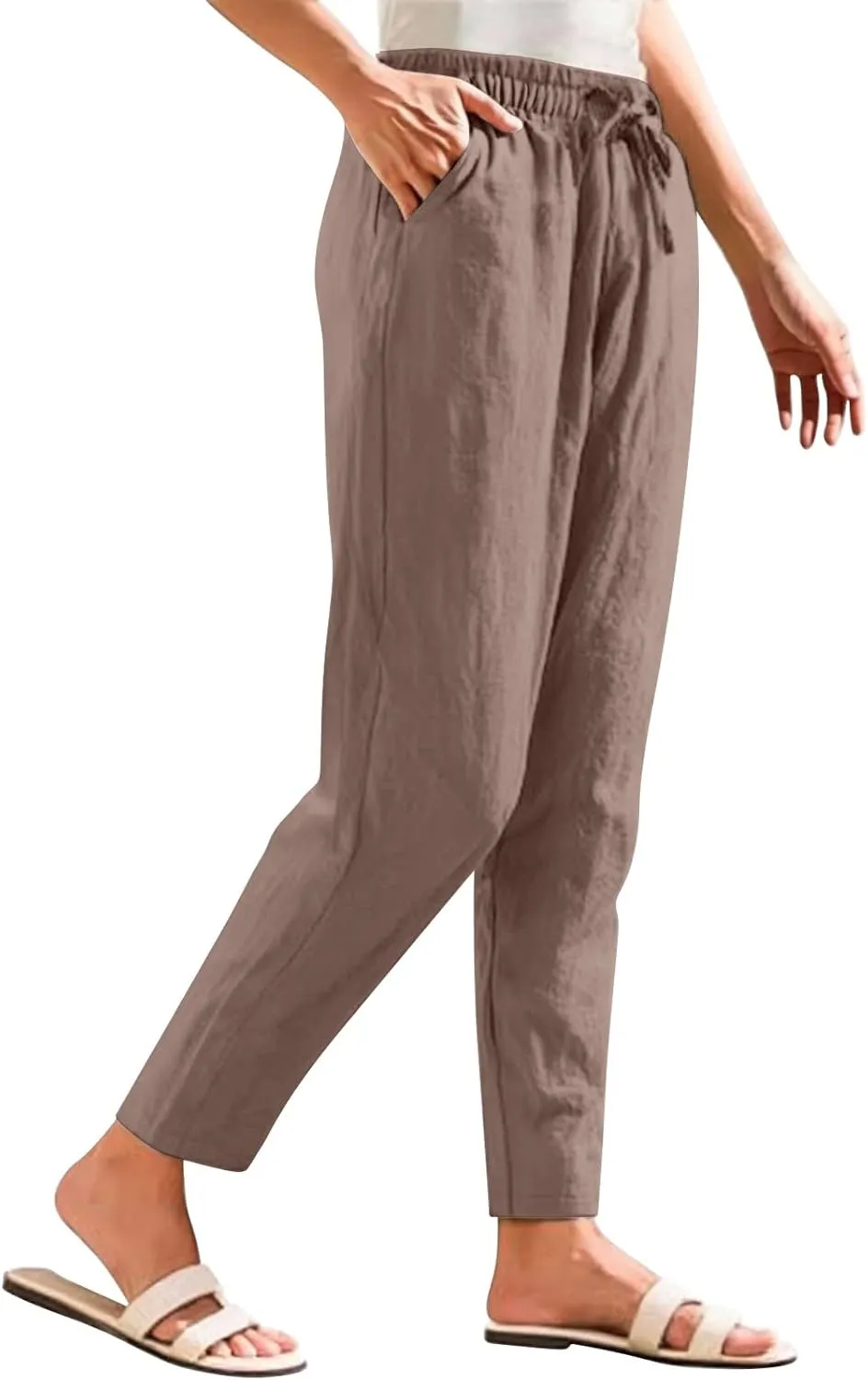 Cotton Linen Pants Women Lightweight Summer Joggers Drawstring Straight Leg Trousers Casual Beach Pants with Pockets