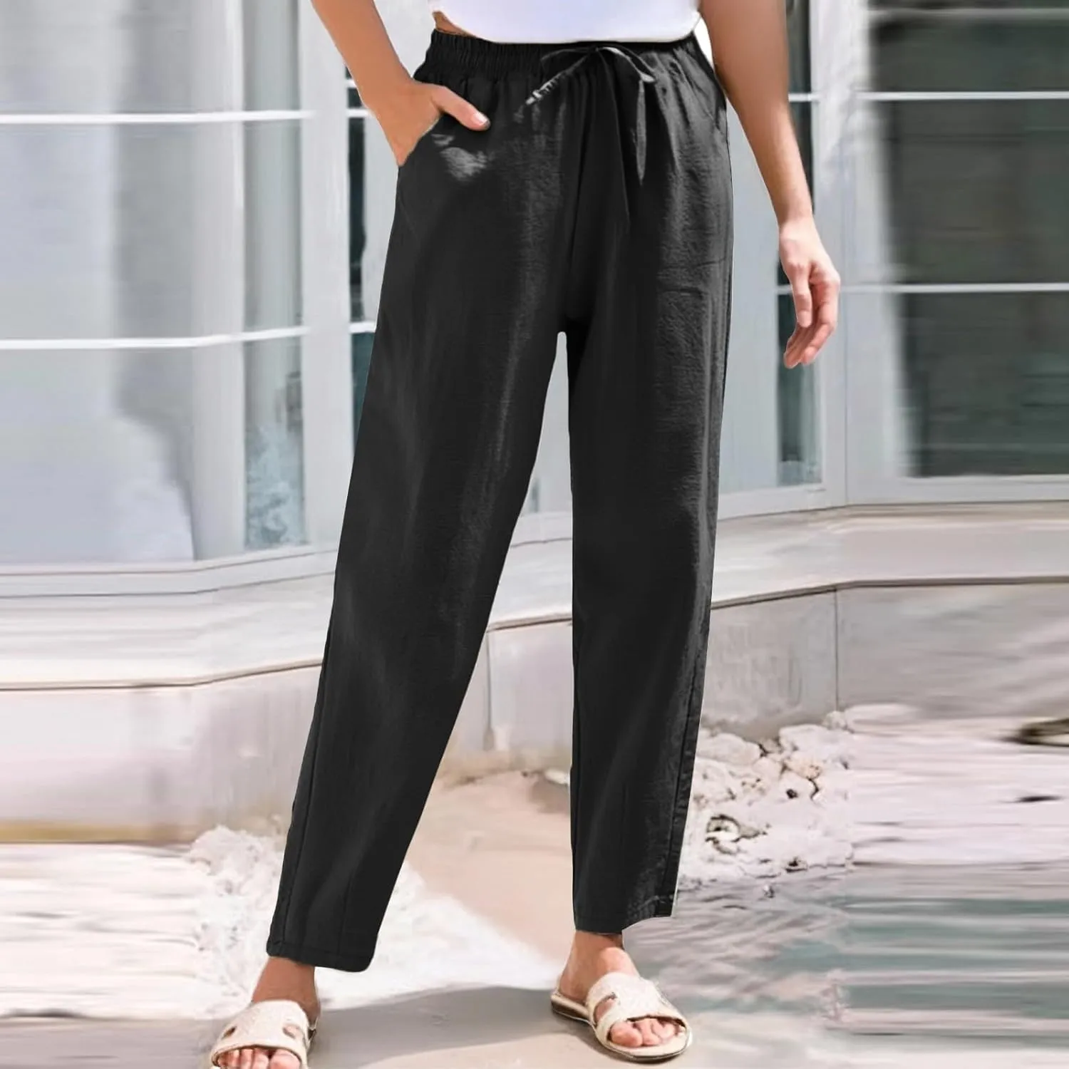 Cotton Linen Pants Women Lightweight Summer Joggers Drawstring Straight Leg Trousers Casual Beach Pants with Pockets