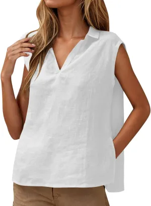 Cotton Linen Shirts for Women Sleeveless Collared Tank Tops Oversized Blouses Work Shirts V-Neck Casual Summer Tshirt