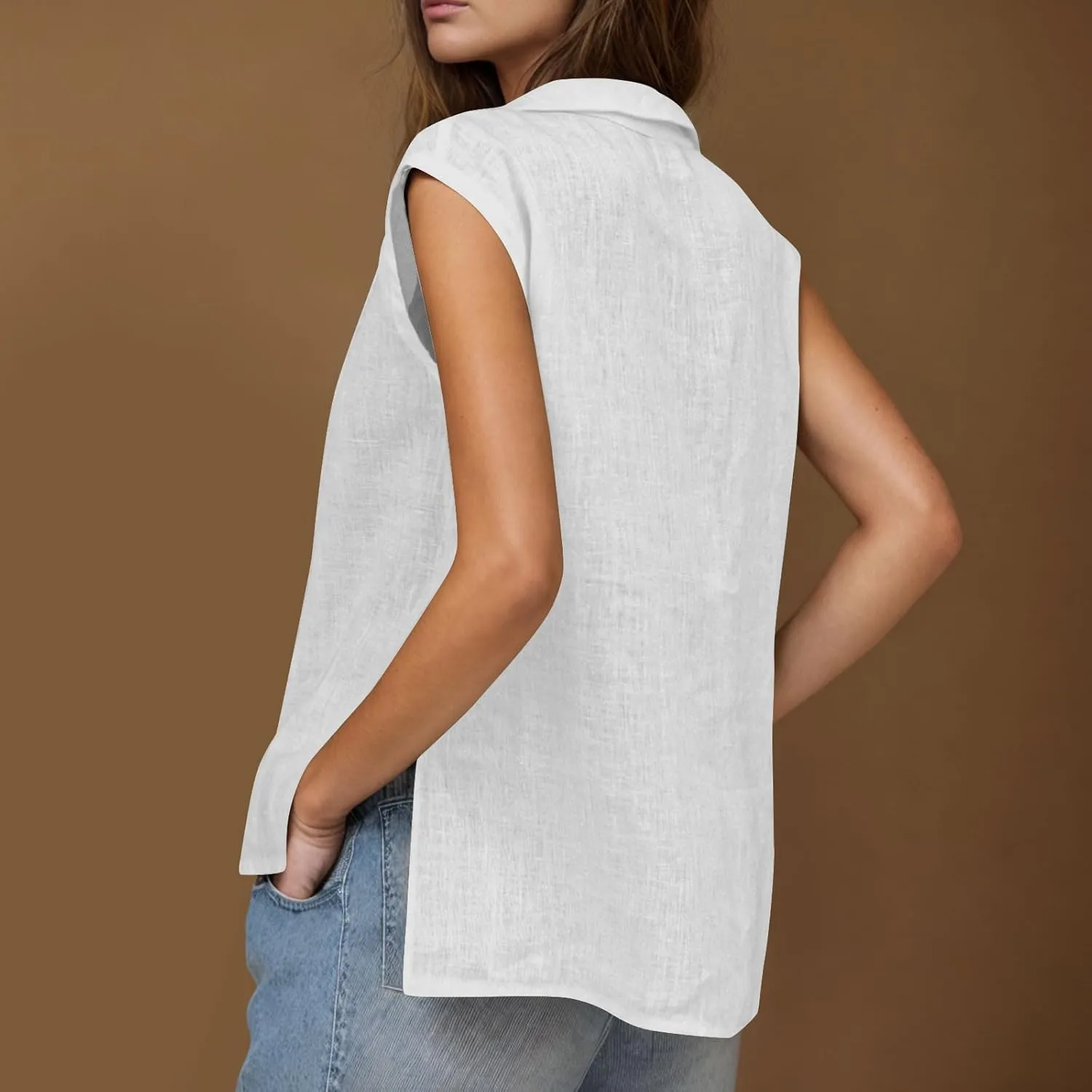 Cotton Linen Shirts for Women Sleeveless Collared Tank Tops Oversized Blouses Work Shirts V-Neck Casual Summer Tshirt