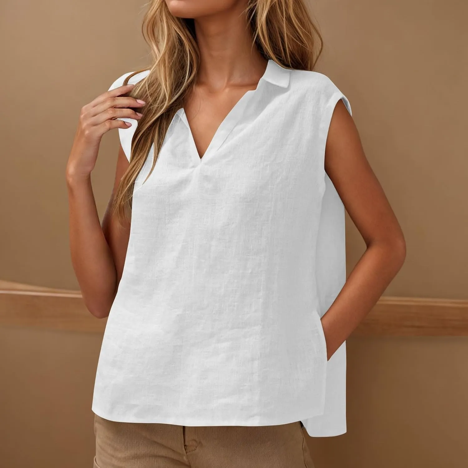 Cotton Linen Shirts for Women Sleeveless Collared Tank Tops Oversized Blouses Work Shirts V-Neck Casual Summer Tshirt