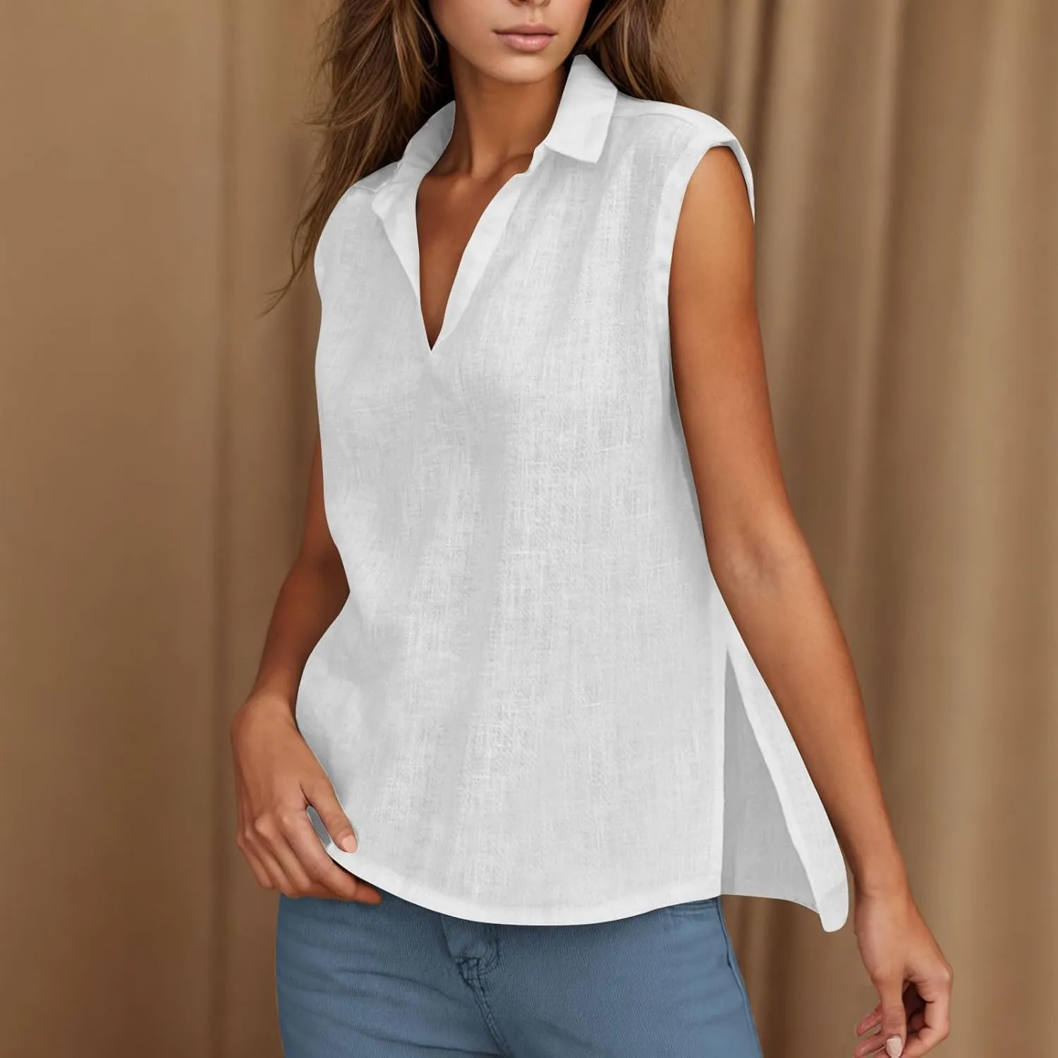Cotton Linen Shirts for Women Sleeveless Collared Tank Tops Oversized Blouses Work Shirts V-Neck Casual Summer Tshirt