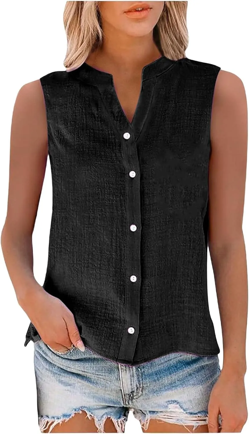 Cotton Linen Shirts for Women Sleeveless Collared Tops Oversized Button Up Blouses Work Shirts Casual Summer Tshirt