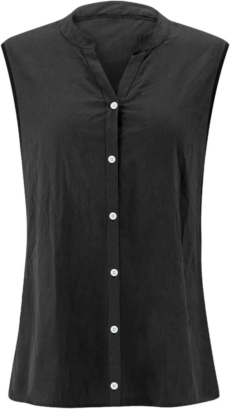 Cotton Linen Shirts for Women Sleeveless Collared Tops Oversized Button Up Blouses Work Shirts Casual Summer Tshirt