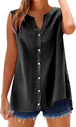 Cotton Linen Shirts for Women Sleeveless Collared Tops Oversized Button Up Blouses Work Shirts Casual Summer Tshirt