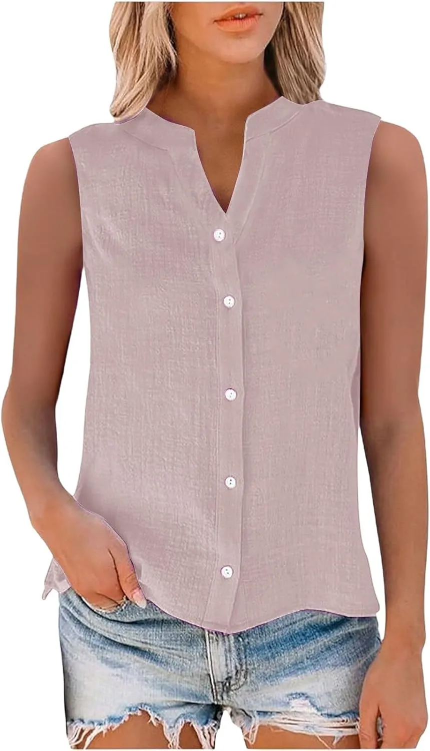 Cotton Linen Shirts for Women Sleeveless Collared Tops Oversized Button Up Blouses Work Shirts Casual Summer Tshirt