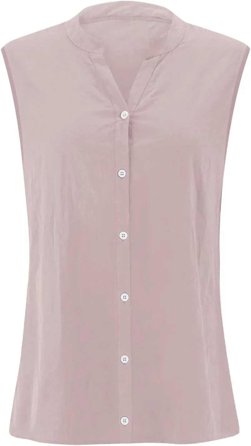 Cotton Linen Shirts for Women Sleeveless Collared Tops Oversized Button Up Blouses Work Shirts Casual Summer Tshirt
