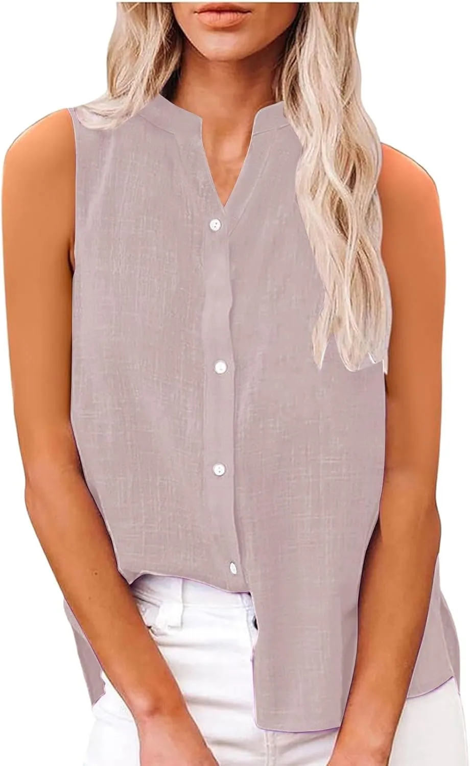 Cotton Linen Shirts for Women Sleeveless Collared Tops Oversized Button Up Blouses Work Shirts Casual Summer Tshirt