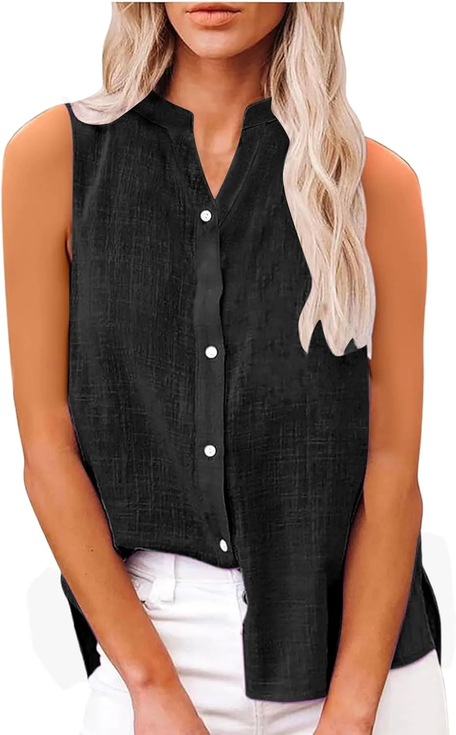 Cotton Linen Shirts for Women Sleeveless Collared Tops Oversized Button Up Blouses Work Shirts Casual Summer Tshirt