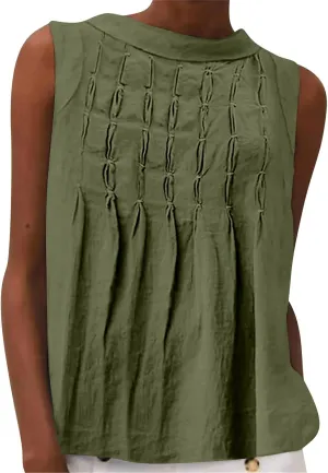 Cotton Linen Tank Tops for Women Casual Pleated Crewneck Sleeveless Summer Tank Shirts 2025 Solid Beach Dressy Vest