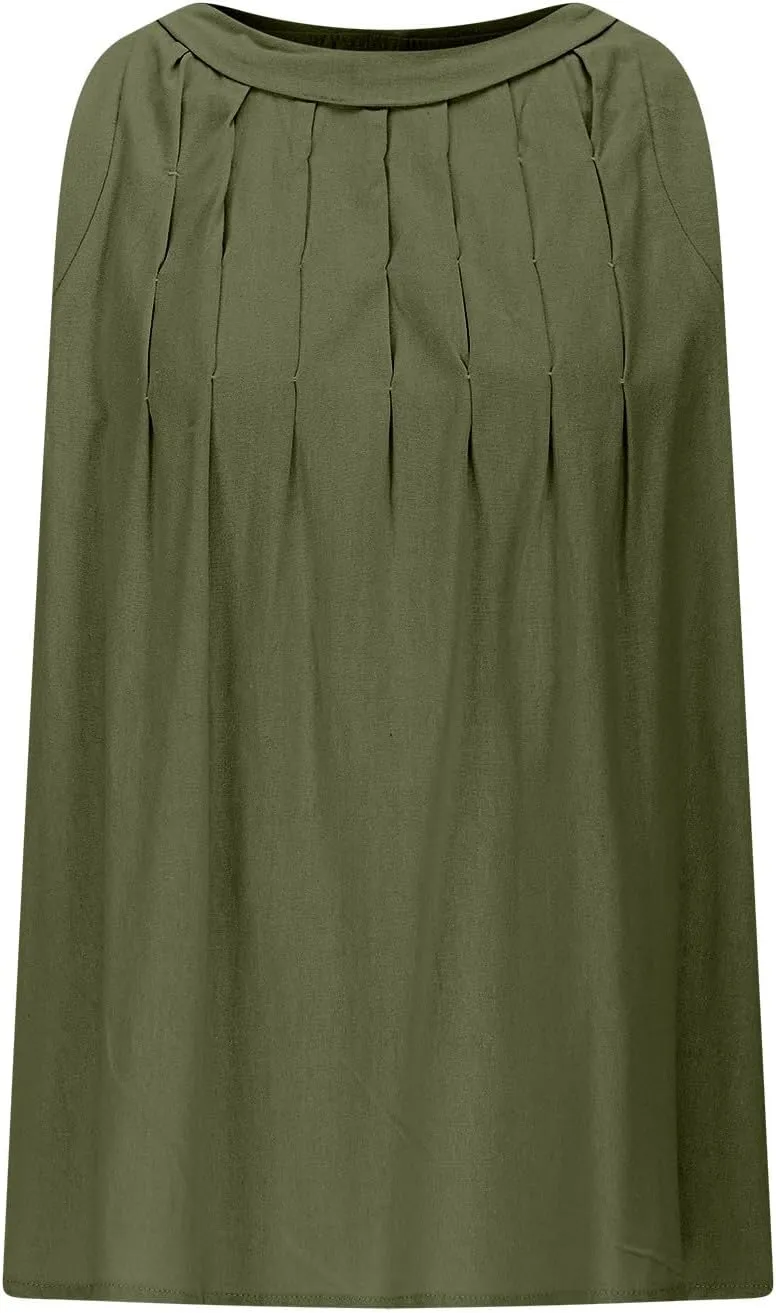 Cotton Linen Tank Tops for Women Casual Pleated Crewneck Sleeveless Summer Tank Shirts 2025 Solid Beach Dressy Vest