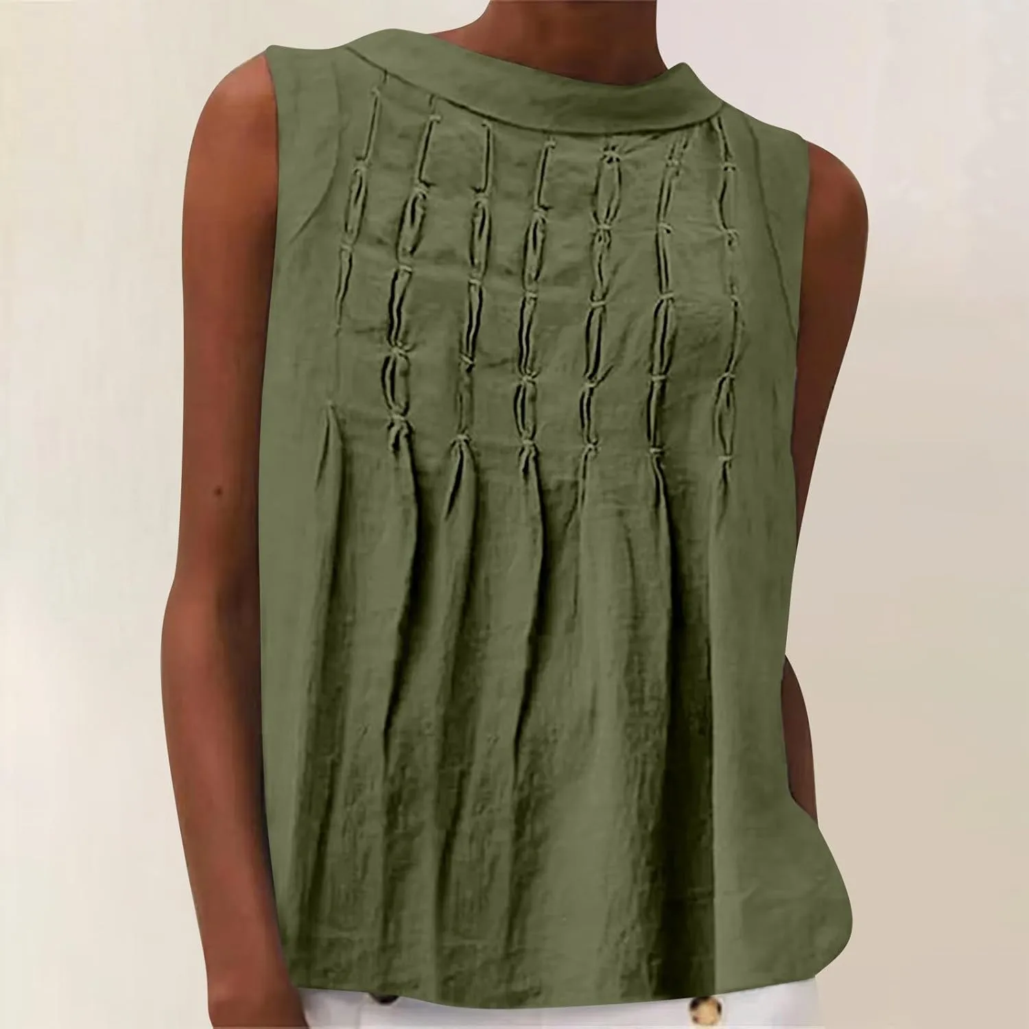 Cotton Linen Tank Tops for Women Casual Pleated Crewneck Sleeveless Summer Tank Shirts 2025 Solid Beach Dressy Vest