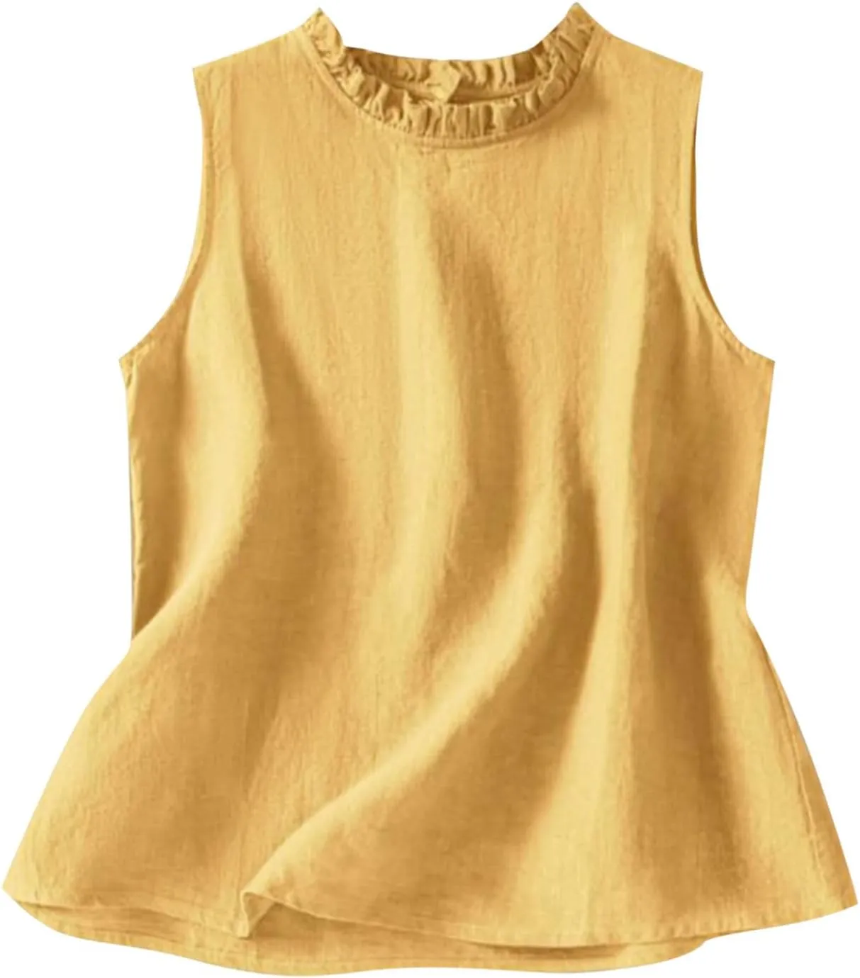 Cotton Linen Tank Tops for Women Ruffle Mock Neck Summer Vacation Tops Loose Fit Sleeveless Shirts Beach Tees Vests