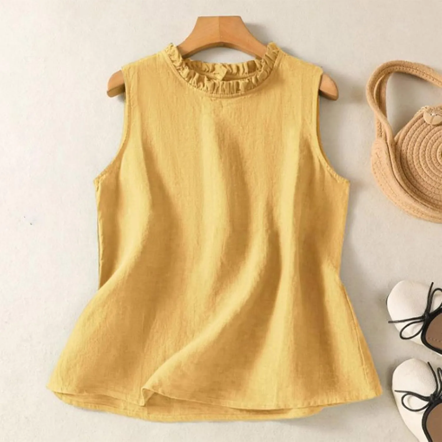 Cotton Linen Tank Tops for Women Ruffle Mock Neck Summer Vacation Tops Loose Fit Sleeveless Shirts Beach Tees Vests