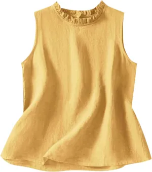 Cotton Linen Tank Tops for Women Ruffle Mock Neck Summer Vacation Tops Loose Fit Sleeveless Shirts Beach Tees Vests