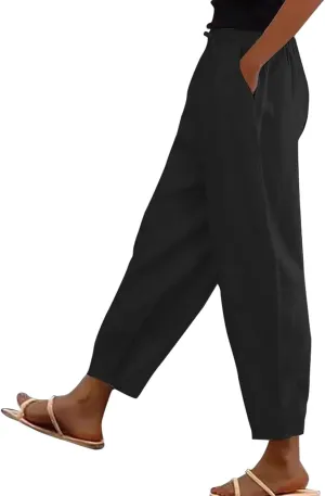 Cotton Linen Wide Leg Pants Woman Plus Size Baggy Lightweight Summer Pants High Waisted Lounge Trousers with Pockets