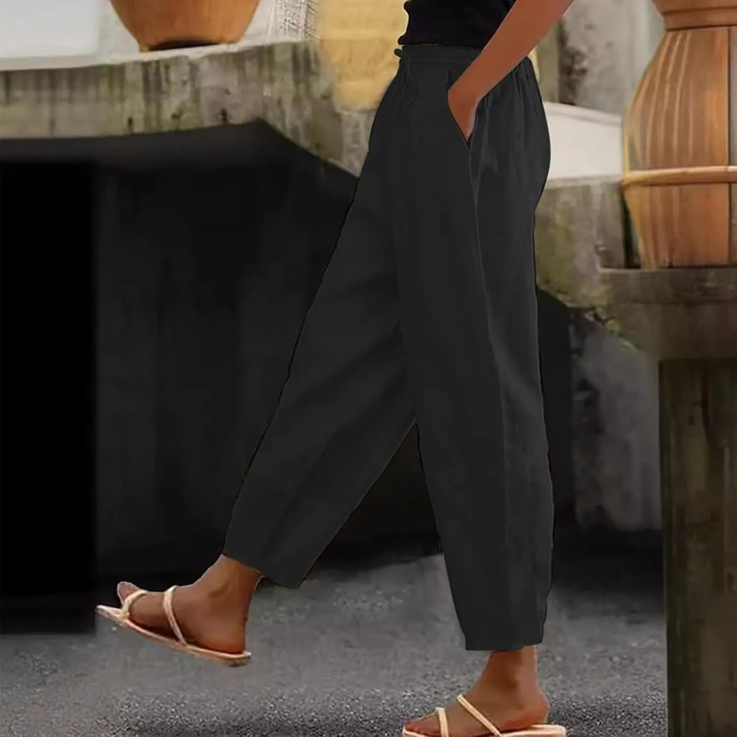 Cotton Linen Wide Leg Pants Woman Plus Size Baggy Lightweight Summer Pants High Waisted Lounge Trousers with Pockets