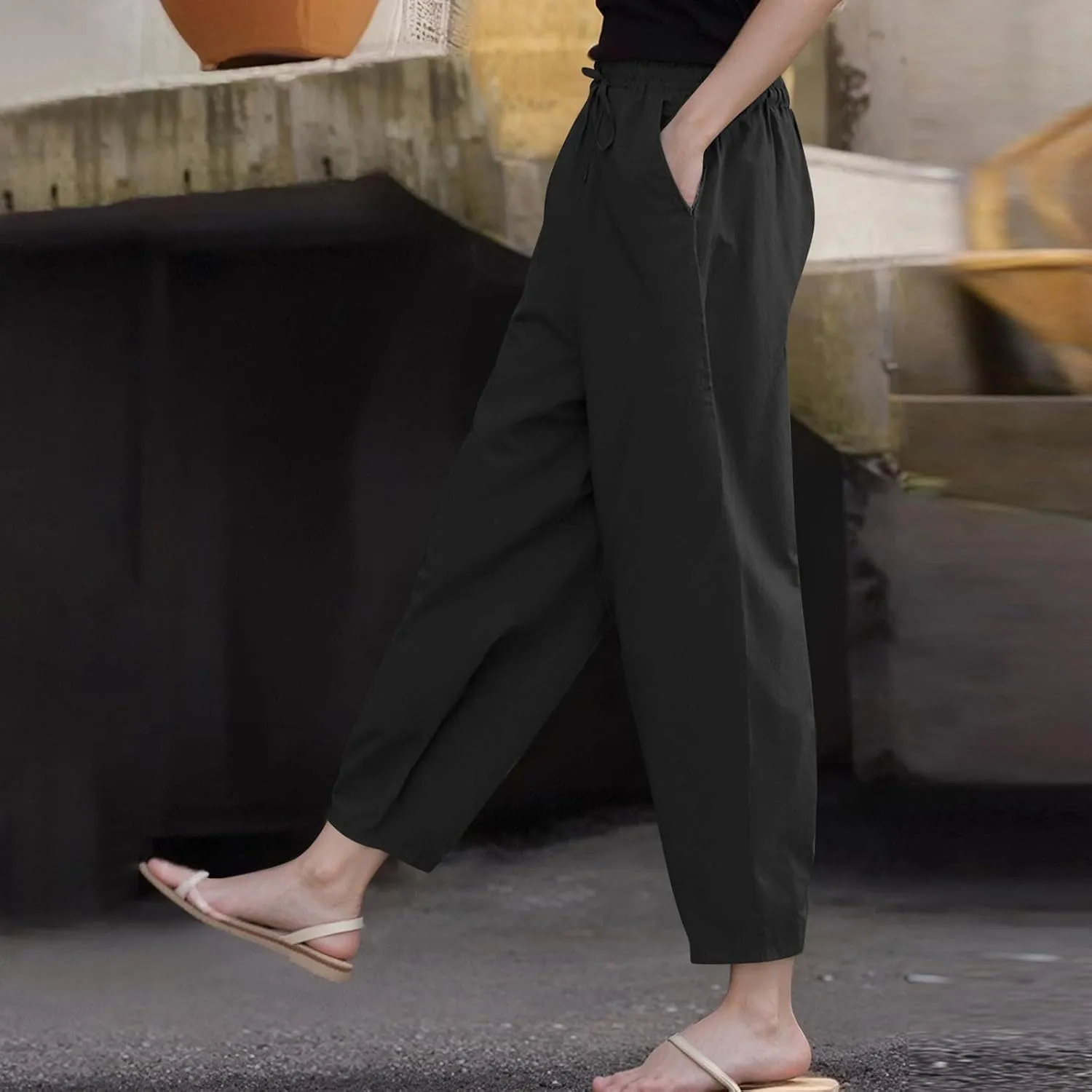 Cotton Linen Wide Leg Pants Woman Plus Size Baggy Lightweight Summer Pants High Waisted Lounge Trousers with Pockets