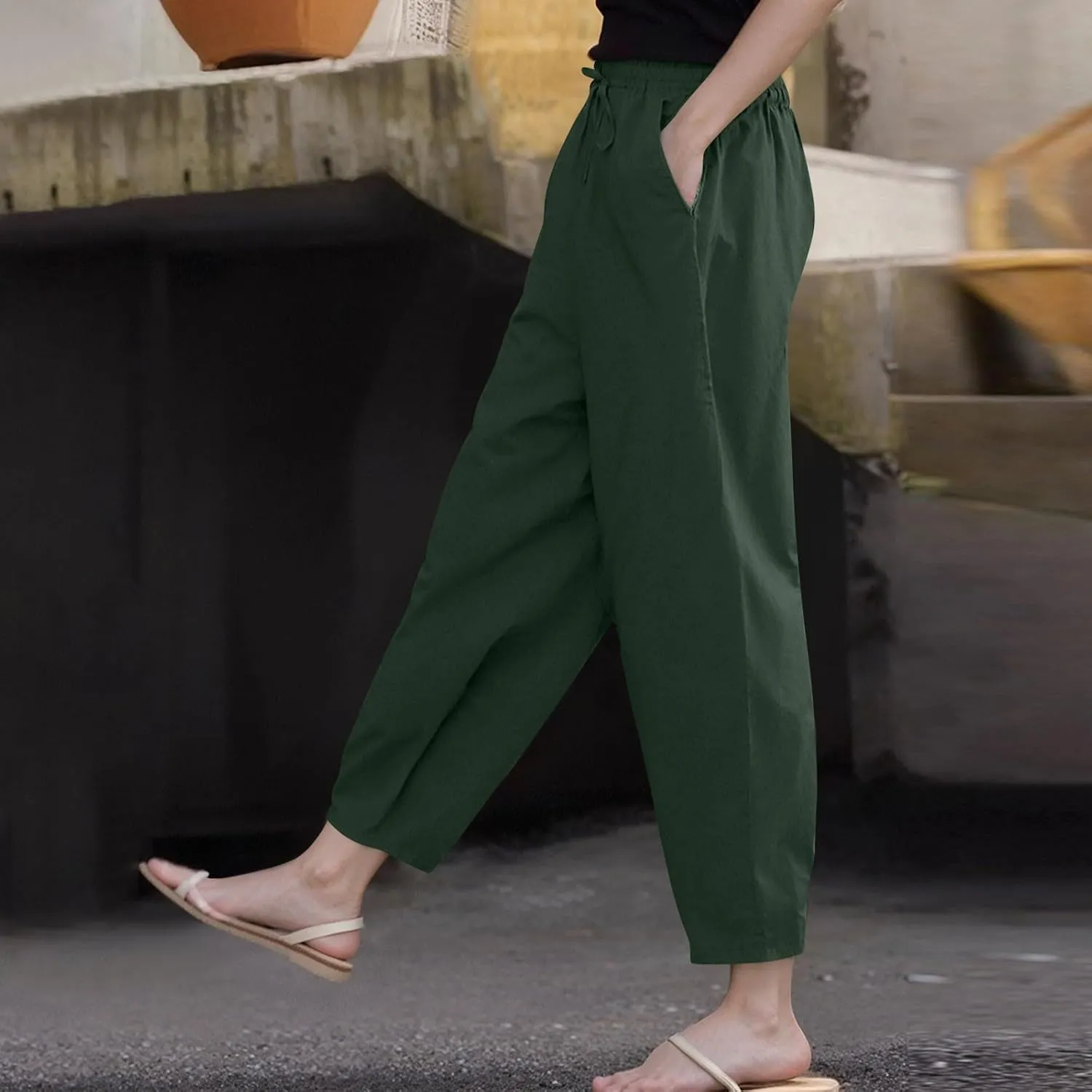 Cotton Linen Wide Leg Pants Woman Plus Size Baggy Lightweight Summer Pants High Waisted Lounge Trousers with Pockets