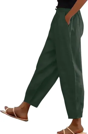 Cotton Linen Wide Leg Pants Woman Plus Size Baggy Lightweight Summer Pants High Waisted Lounge Trousers with Pockets