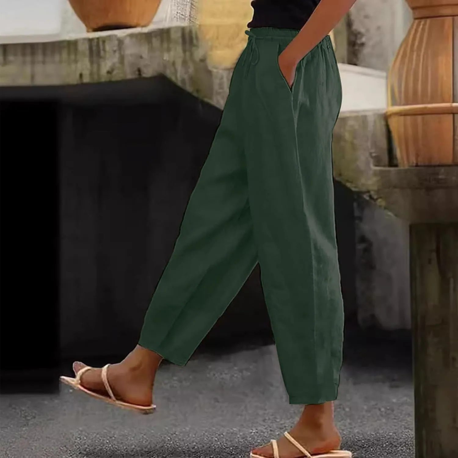Cotton Linen Wide Leg Pants Woman Plus Size Baggy Lightweight Summer Pants High Waisted Lounge Trousers with Pockets