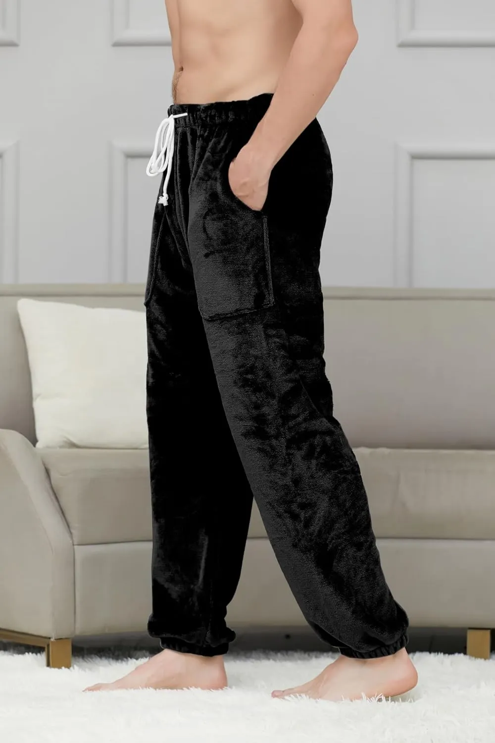 Cromoncent Mens Plush Warm Lounge Pj Pants Thickened Fleece Pajama Jogger Pants with Pockets Sleepwear
