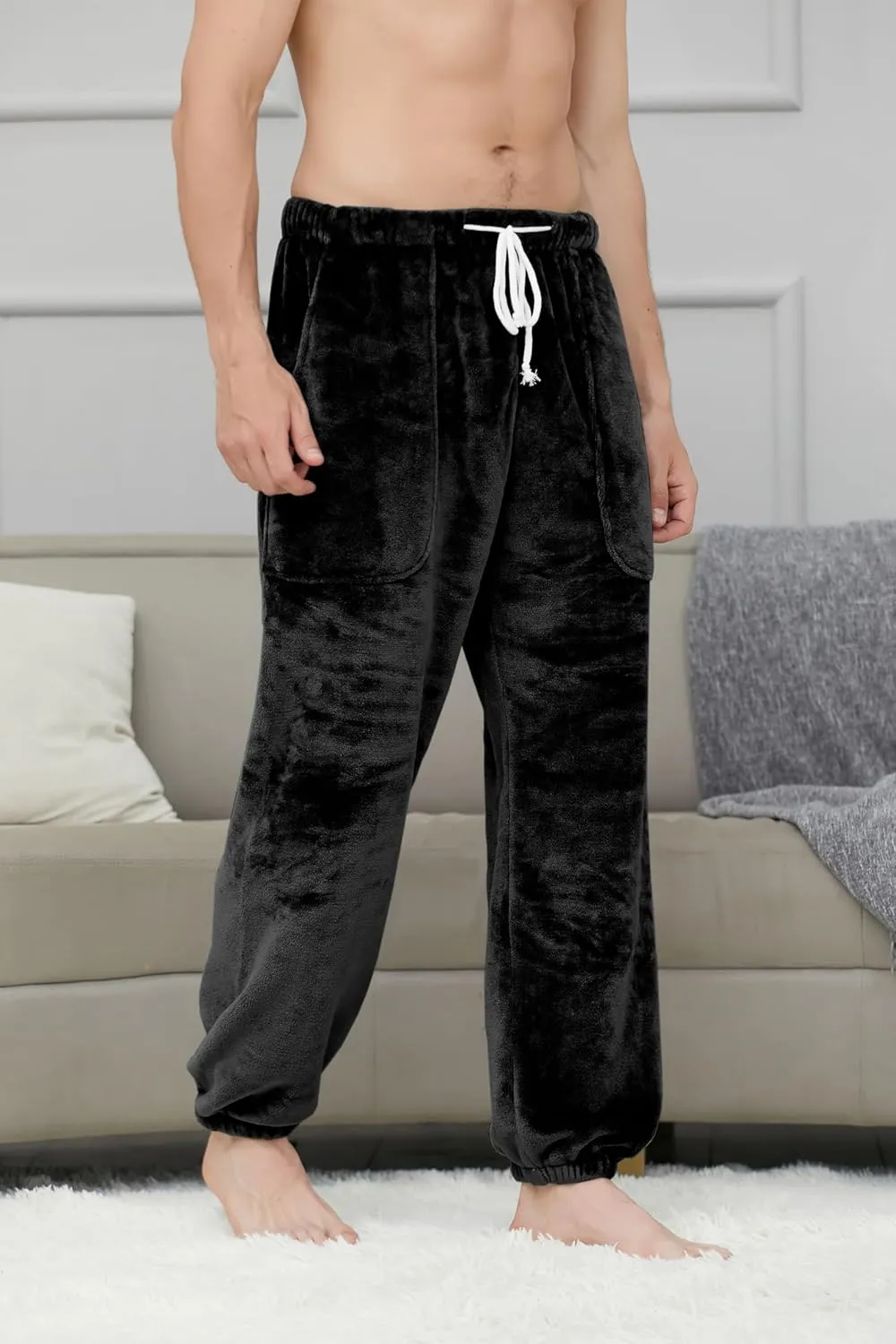 Cromoncent Mens Plush Warm Lounge Pj Pants Thickened Fleece Pajama Jogger Pants with Pockets Sleepwear