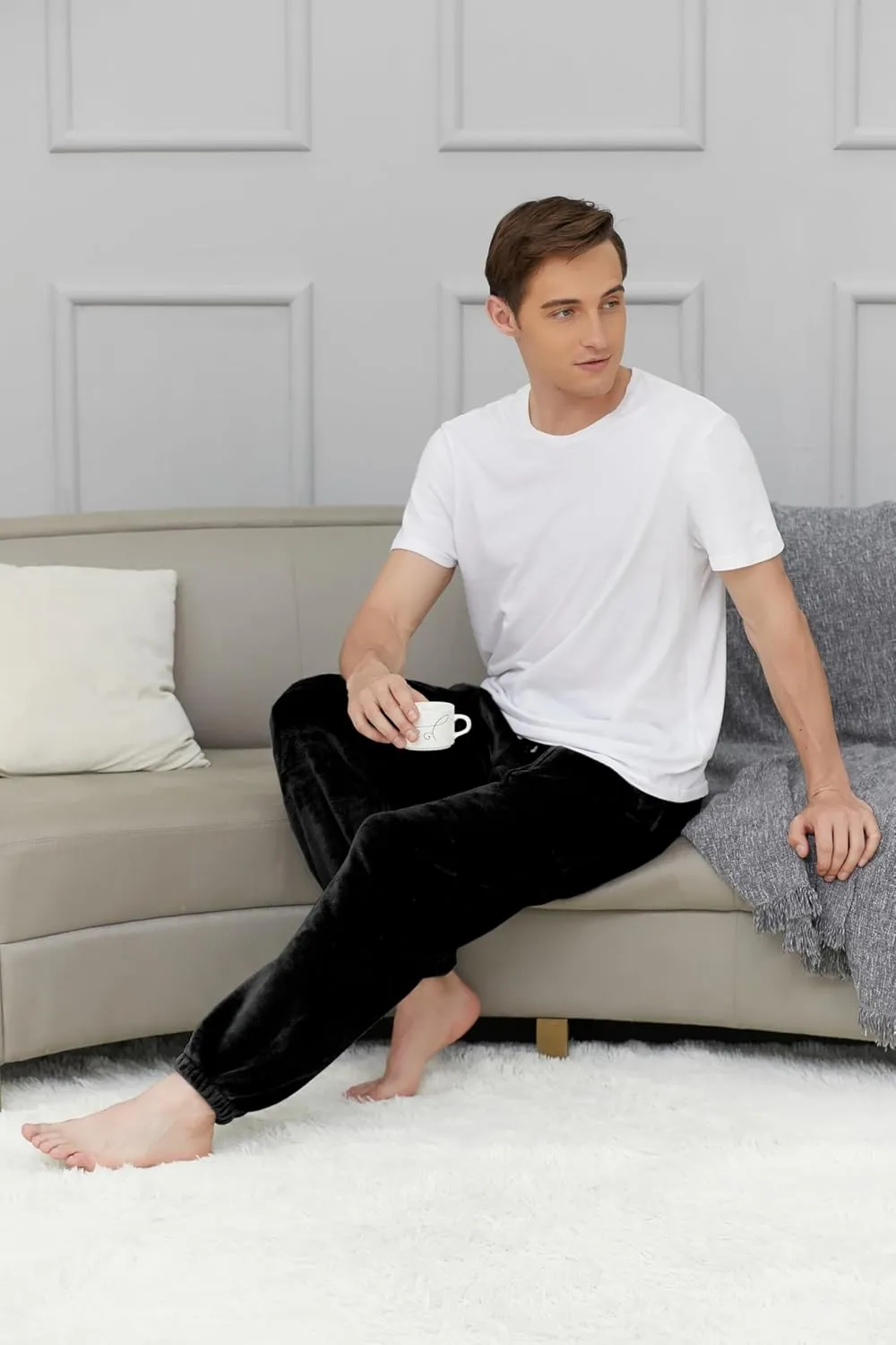 Cromoncent Mens Plush Warm Lounge Pj Pants Thickened Fleece Pajama Jogger Pants with Pockets Sleepwear