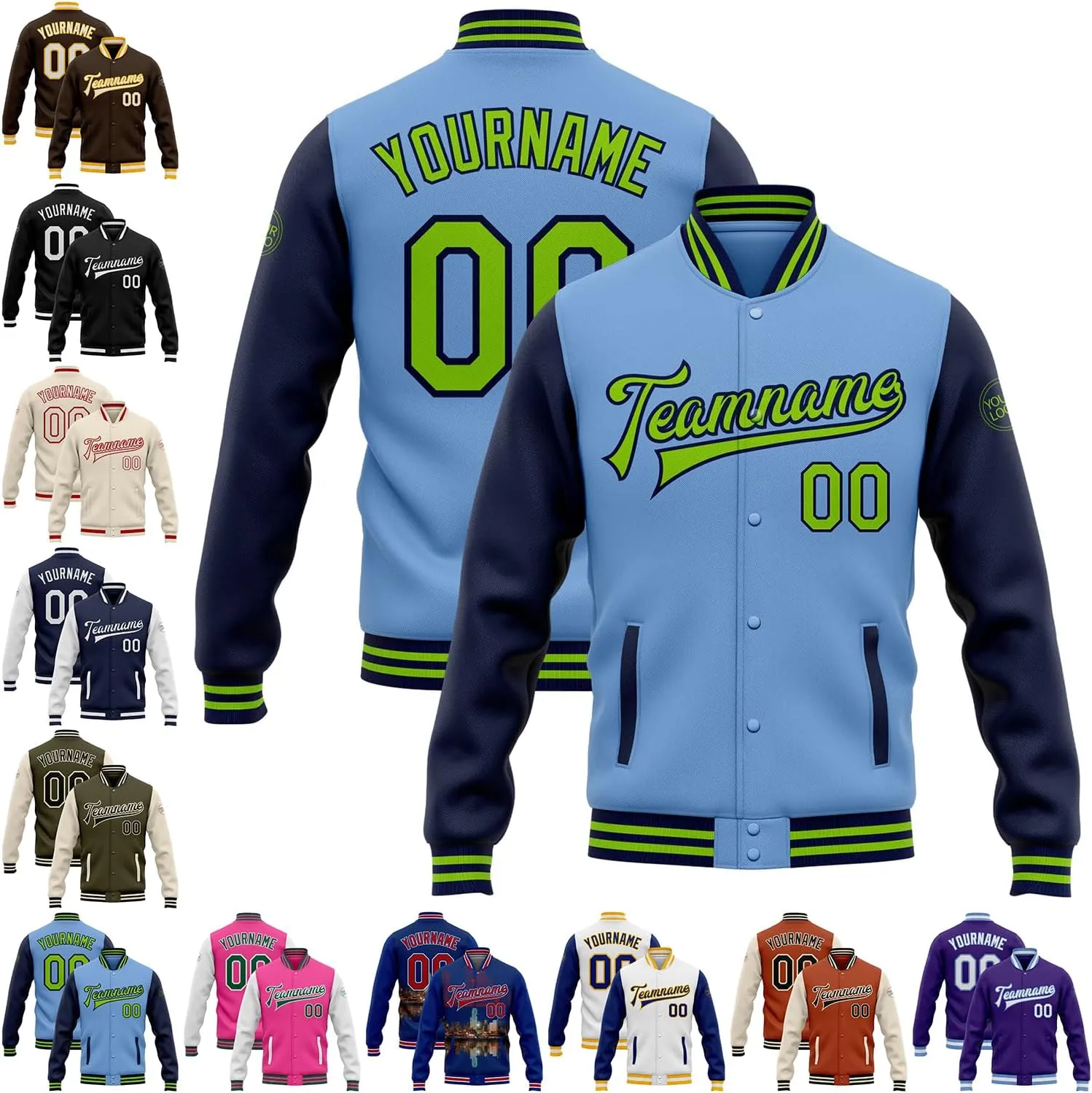 Custom Letterman Motorcycle Starter Leather Purple White-Light Blue Bomber Full-Snap Jacket Personalized Name Number
