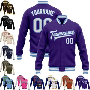 Custom Letterman Motorcycle Starter Leather Purple White-Light Blue Bomber Full-Snap Jacket Personalized Name Number
